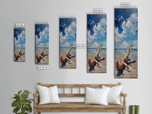 Carregar imagem no visualizador da galeria, Framed Canvas Print Tall Art Featuring a Piece of Driftwood on a Sandy Beach with Bright Blue Sky and Ocean Waves, Ideal Skinny Art for Coastal Homes