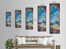 Carregar imagem no visualizador da galeria, Framed Canvas Print Skinny Art of a Sunlit Beach Scene Framed by Rocky Cliffs, Overlooking a Crystal Blue Sea Under a Clear Sky, Perfect Tall Coastal Art