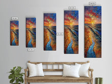Carregar imagem no visualizador da galeria, Framed Canvas Print Skinny Art of a Vibrant Sunset Over a Rolling Ocean with Dramatic Colors in the Sky and Water, Ideal Tall Art for Modern Spaces
