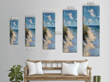 Carregar imagem no visualizador da galeria, Framed Canvas Print Skinny Art of a Peaceful Beach Scene with Sea Oats Blowing in the Wind and Gentle Waves in the Background, Perfect Tall Art for Homes