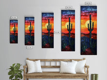 Load image into Gallery viewer, Desert Landscape with Saguaro Cactus Silhouette Against a Fiery Sunset on a Framed Canvas Print Skinny Art Piece