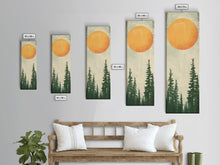 Carregar imagem no visualizador da galeria, Abstract Sun Over Forest Silhouette Earth Tones Skinny Art Tall Art Framed Canvas Print Japanese Style Art Ukiyo-e Art Wood Block Print Minimalist