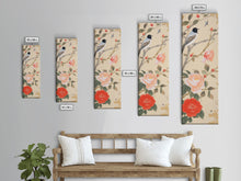Load image into Gallery viewer, Bird On Branch With Red Peonies And Green Leaves Tall Art Skinny Art Framed Canvas Print Japanese Style Art Ukiyo-e Wood Block Print
