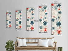 Cargar imagen en el visor de la galería, Festive Snowflakes In Red, Blue, And White On A Cream Background, Skinny Art Tall Wall Art Framed Canvas Print Japanese Style Art
