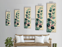 Load image into Gallery viewer, Delicate Green Leaves And Pink Buds On A Branch Against A Textured Background, Skinny Art Tall Wall Art Framed Canvas Print Japanese Style Art