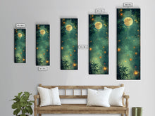 Load image into Gallery viewer, Enchanting Fireflies Illuminating Nighttime Forest Scene Under Full Moon Tall Framed Canvas Print Adding Magical Touch