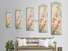 Cargar imagen en el visor de la galería, Cherry Blossom Japanese Art Skinny Wall Art Framed Canvas Print in Light Pastel Colors on Branch Against Subtle Green Background