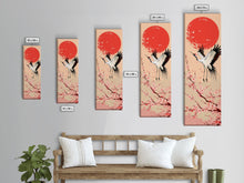 Load image into Gallery viewer, Elegant Crane Bird In Mid-flight Against Bold Red Sun Ukiyo-e Tall Skinny Wood Block Framed Canvas Print Japanese Style Art