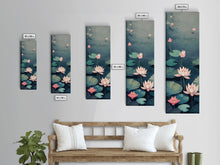 Carregar imagem no visualizador da galeria, Calm Water Lilies Floating On Still Pond With Subtle Ripples Ukiyo-e Skinny Tall Wood Block Framed Canvas Print Japanese Style Art