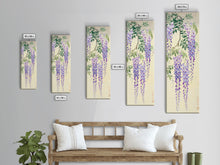 Cargar imagen en el visor de la galería, Cascading Wisteria Blossoms in Shades of Purple and Green - Skinny Art, Japanese Wall Decor, Framed Canvas Print, Ukiyo-e Style