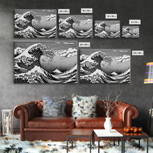 Load image into Gallery viewer, Black and White Wave Canvas Print, Hokusai Inspired Wall Art, Japanese Style Wall Art, Living Room Home Decor, Unique Wall Art