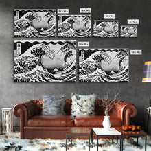 Load image into Gallery viewer, Beautiful Black and White Ocean Wave Wall art, Framed Canvas Print, Retro Japanese Inspired Hokusai Style Wave Art