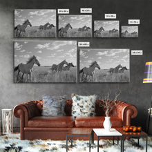Carregar imagem no visualizador da galeria, Fine Art Framed Canvas Print, Metal Art, Black & White Photo of Wild Mustangs, Horse Art, American Horses Landscape / Nature / Wildlife Art