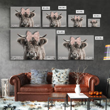 Carregar imagem no visualizador da galeria, Framed Canvas Print, Cute Highland Cow Wearing A Pink Bowtie, Framed Wall Decor, Rustic Minimalist Farmhouse Decor, Western Art