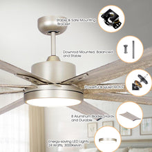 Carregar imagem no visualizador da galeria, 72" Bankston Modern Satin Nickel DC Motor Downrod Mount Ceiling Fan with LED Lighting and Remote Control