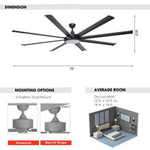 Carregar imagem no visualizador da galeria, 75" Industrial DC Motor Downrod Mount Reversible Ceiling Fan with Lighting and Remote Control