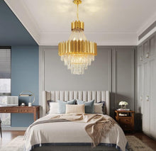 Carregar imagem no visualizador da galeria, AHOCI Modern Crystal Chandelier, Luxury Gold Crystal Hanging Ceiling Light Contemporary Large Raindrop Pendant Chandelier for Living Room Dining Room