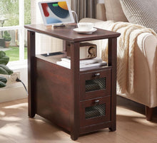 Cargar imagen en el visor de la galería, Farmhouse XXL End Table with Charging Station, Narrow Side Table with USB Ports and Outlets, Nightstand with 2 Drawers Storage, Bedside Tables