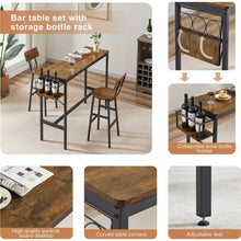 Load image into Gallery viewer, Bar Table Set with wine bottle storage rack. Rustic Brown, 47.24" L x 15.75" W x 35.43" H.