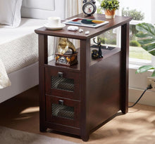 Cargar imagen en el visor de la galería, Farmhouse XXL End Table with Charging Station, Narrow Side Table with USB Ports and Outlets, Nightstand with 2 Drawers Storage, Bedside Tables