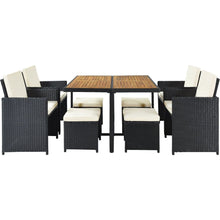 Carregar imagem no visualizador da galeria, Patio All-Weather PE Wicker Dining Table Set with Wood Tabletop for 8, Black Rattan+Beige Cushion (9-Piece)