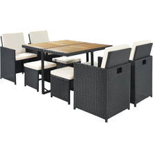 Carregar imagem no visualizador da galeria, Patio All-Weather PE Wicker Dining Table Set with Wood Tabletop for 8, Black Rattan+Beige Cushion (9-Piece)