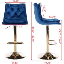 Carregar imagem no visualizador da galeria, Set of 2 Bar Stools, with Chrome Footrest and Base Swivel Height Adjustable Mechanical Lifting Velvet + Golden Leg Simple Bar Stoo, blue