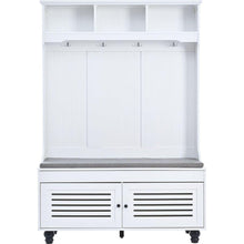 Carregar imagem no visualizador da galeria, 5-in-1 Entryway Bench with Shutter-shaped doors, Coat Rack, Cushion and 4 Sturdy Hooks, 47.2" Wide Hall Tree with Storage Bench for Hallway, Entryway, Living Room