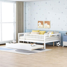 Carregar imagem no visualizador da galeria, Full Size Wood Daybed with Trundle and Fence Guardrails, White