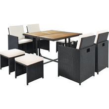 Carregar imagem no visualizador da galeria, Patio All-Weather PE Wicker Dining Table Set with Wood Tabletop for 8, Black Rattan+Beige Cushion (9-Piece)