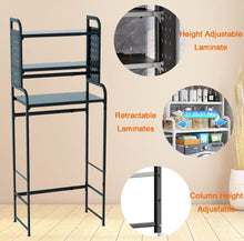 Load image into Gallery viewer, BIFCIOFH 3-Tier Expandable Over Toilet Washing Machine and Dryer Storage Rack, Height Adjustable Laundry Room Shelves, Bathroom Organization Space Saver with Pigboard and Hook (Color: Dark Grey)