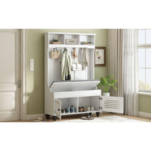 Carregar imagem no visualizador da galeria, 5-in-1 Entryway Bench with Shutter-shaped doors, Coat Rack, Cushion and 4 Sturdy Hooks, 47.2" Wide Hall Tree with Storage Bench for Hallway, Entryway, Living Room