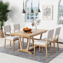 Carregar imagem no visualizador da galeria, Rustic 5-piece Dining Table Set with 4 Upholstered Chairs, 59-inch Rectangular Dining Table with Trestle Table Base, Naural