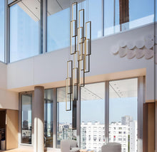 Carregar imagem no visualizador da galeria, UPGENT Simple Modern LED Chandelier Stair Chandelier Dimmable 12 Ring Rectangular Chandelier high Door for Living Room lamp Hall lamp Remote Control