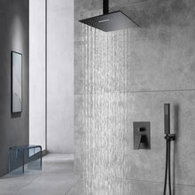 Cargar imagen en el visor de la galería, Matte Black Ceiling Mounted Rainfall Shower Faucet: 12'' or 16'' with LED Option