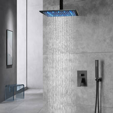 Cargar imagen en el visor de la galería, Matte Black Ceiling Mounted Rainfall Shower Faucet: 12'' or 16'' with LED Option