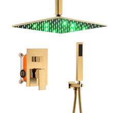 Cargar imagen en el visor de la galería, 12 Inch or 16 Inch LED Color Changing Ceiling Mounted 2 Way Polished Gold Shower System - Includes Rough-in Valve Body and Trim