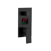 Cargar imagen en el visor de la galería, 12-Inch or 16-Inch Matte Black Rain Showers with 3-Way Anti-Scald Digital Display Valve, Trim, and 6 Body Jets