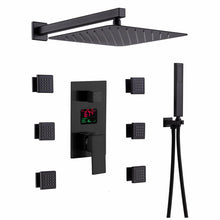 Cargar imagen en el visor de la galería, 12-Inch or 16-Inch Matte Black Rain Showers with 3-Way Anti-Scald Digital Display Valve, Trim, and 6 Body Jets