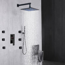 Cargar imagen en el visor de la galería, 12-Inch or 16-Inch Matte Black Rain Showers with 3-Way Anti-Scald Digital Display Valve, Trim, and 6 Body Jets