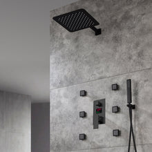 Cargar imagen en el visor de la galería, 12-Inch or 16-Inch Matte Black Rain Showers with 3-Way Anti-Scald Digital Display Valve, Trim, and 6 Body Jets