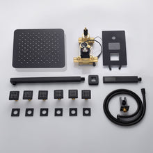 Cargar imagen en el visor de la galería, 12-Inch or 16-Inch Matte Black Rain Showers with 3-Way Anti-Scald Digital Display Valve, Trim, and 6 Body Jets