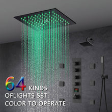Cargar imagen en el visor de la galería, 12-Inch Matte Black Flush Mount Shower Faucet Set with Digital Display: 4-Way Thermostatic Control, 64-Color LED Lights, Bluetooth Music, Body Sprayers and Regular Head