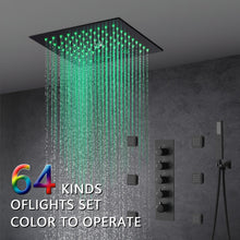 Cargar imagen en el visor de la galería, 12-Inch Flush-Mount Matte Black Thermostatic Shower Faucet: 4-Way Control, 64-Color LED Lighting, Bluetooth Music, Optional Digital Display, and Body Sprayers