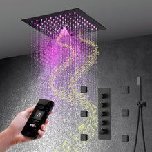 Cargar imagen en el visor de la galería, 12-Inch Flush-Mount Matte Black Thermostatic Shower Faucet: 4-Way Control, 64-Color LED Lighting, Bluetooth Music, Optional Digital Display, and Body Sprayers