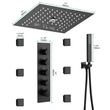 Cargar imagen en el visor de la galería, 12-Inch Flush-Mount Matte Black Thermostatic Shower Faucet: 4-Way Control, 64-Color LED Lighting, Bluetooth Music, Optional Digital Display, and Body Sprayers