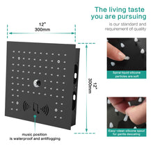 Cargar imagen en el visor de la galería, 12-Inch Flush-Mount Matte Black Thermostatic Shower Faucet: 4-Way Control, 64-Color LED Lighting, Bluetooth Music, Optional Digital Display, and Body Sprayers