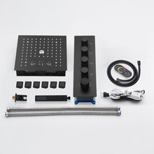 Cargar imagen en el visor de la galería, 12-Inch Flush-Mount Matte Black Thermostatic Shower Faucet: 4-Way Control, 64-Color LED Lighting, Bluetooth Music, Optional Digital Display, and Body Sprayers