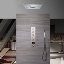 Cargar imagen en el visor de la galería, 16-Inch Brushed Nickel Flush Mount Rainfall-Waterfall-Mist Hydro-Water Massage, 5-Way Digital Thermostatic Shower System with 64 LED Lights and Bluetooth Music Integration