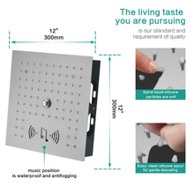 Cargar imagen en el visor de la galería, 12-Inch Brushed Nickel Flush Mount Shower Faucet Set: 4-Way Thermostatic Control, 64-Color LED Lights, Bluetooth Music, Body Sprayers, and Regular Head